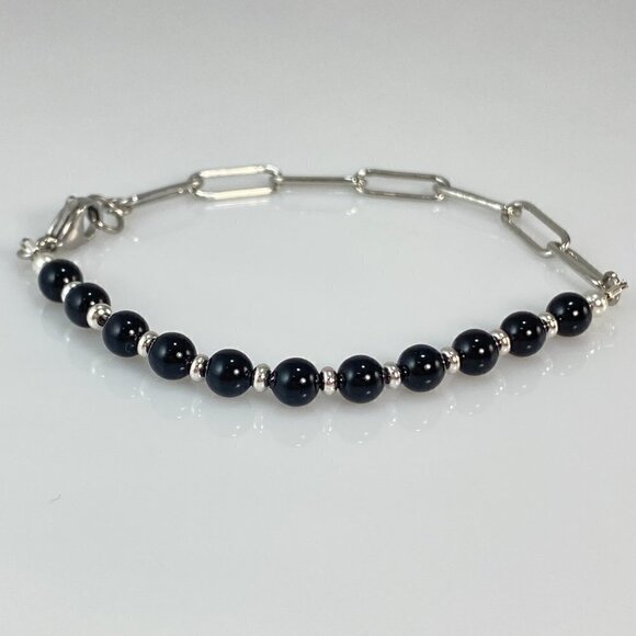 Austrian Crystal Pearls on Silver Paperclip Chain Link Bracelet Stainless Steel - Picture 4 of 6